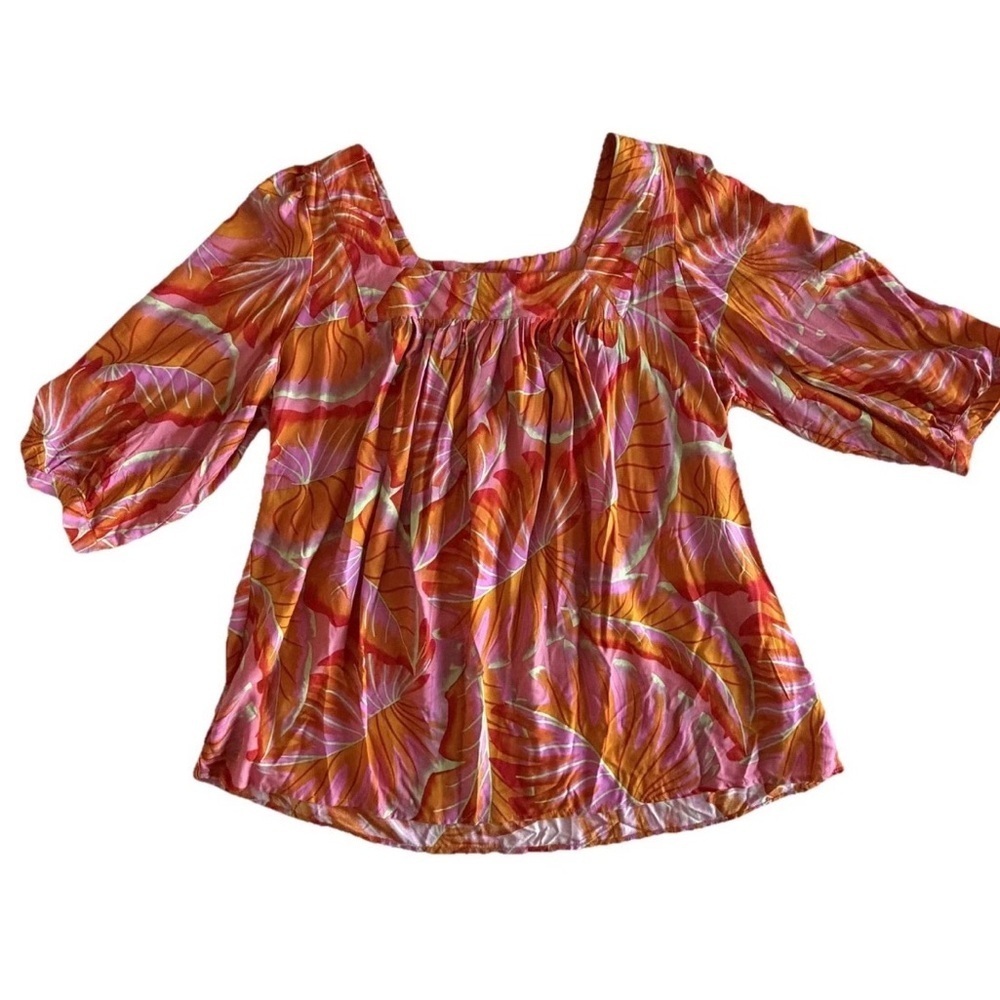 Rachel Zoe Top Womens 2X Multicolor Tropical Square Neck 3/4 Sleeve Tunic Boho